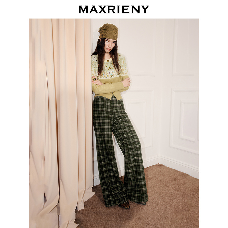 【商场同款】MAXRIENY复古格纹裤25冬羊毛混纺慵懒宽松阔腿长裤女