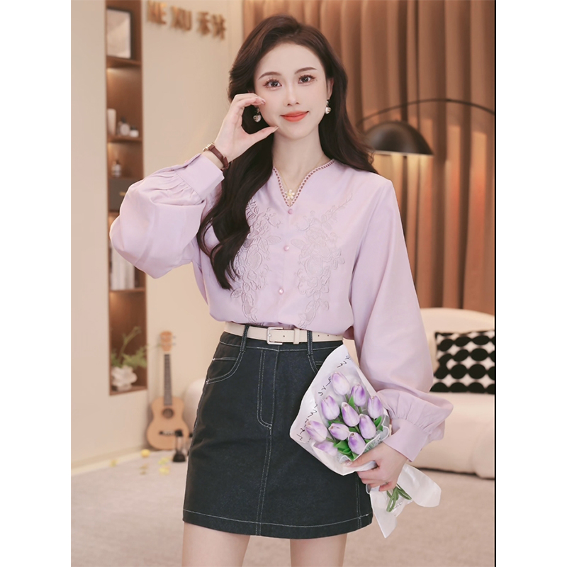 法式经典复古纯色长袖v领衬衫女2025春季新款百搭显瘦时尚上衣