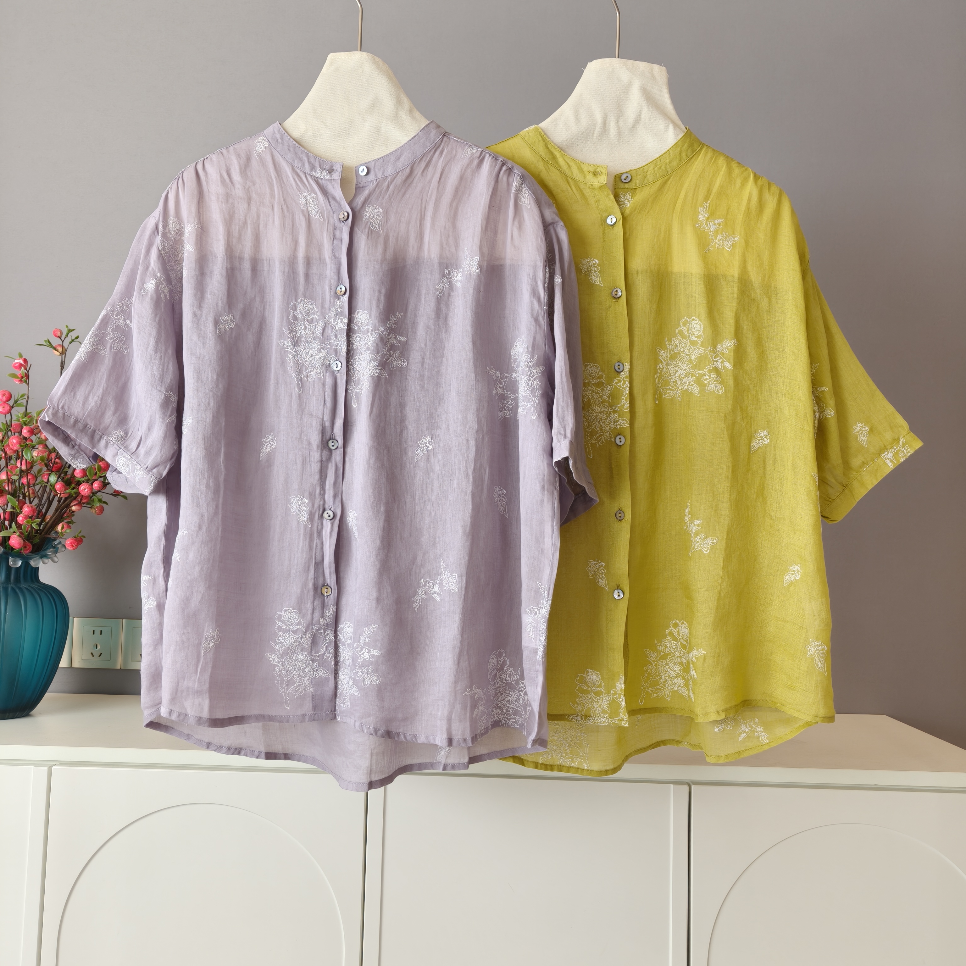 【伟伟专属】2 色 刺绣圆领 麻料 短袖开衫