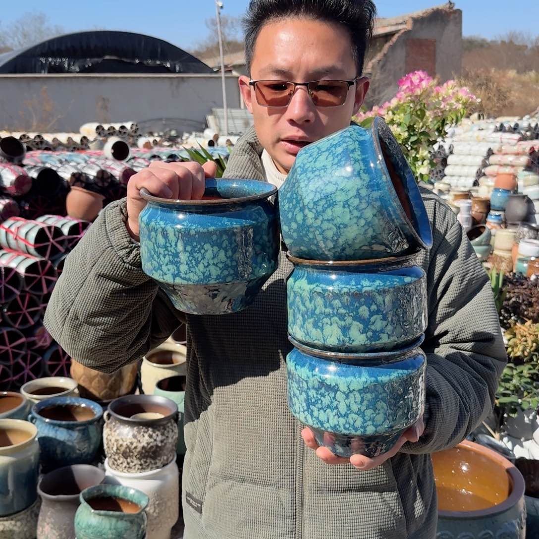 紫砂花盆口15高14（四个直筒雪花绿