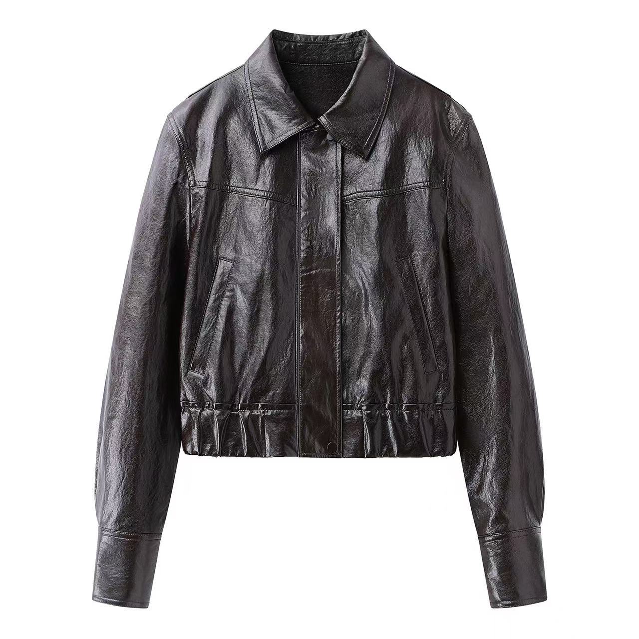 【商场同款】2026春季新款收腰显瘦夹克外套复古立领短款皮衣女1122