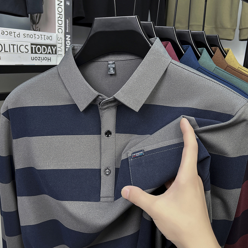 【鄂尔都市】男士条纹冬季男士翻领爸爸款T恤宽松休闲长袖Polo衫