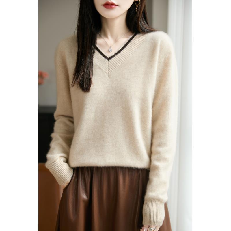 100%羊毛羊毛衫女拼色边V领拼色加厚宽松休闲打底衫D2529