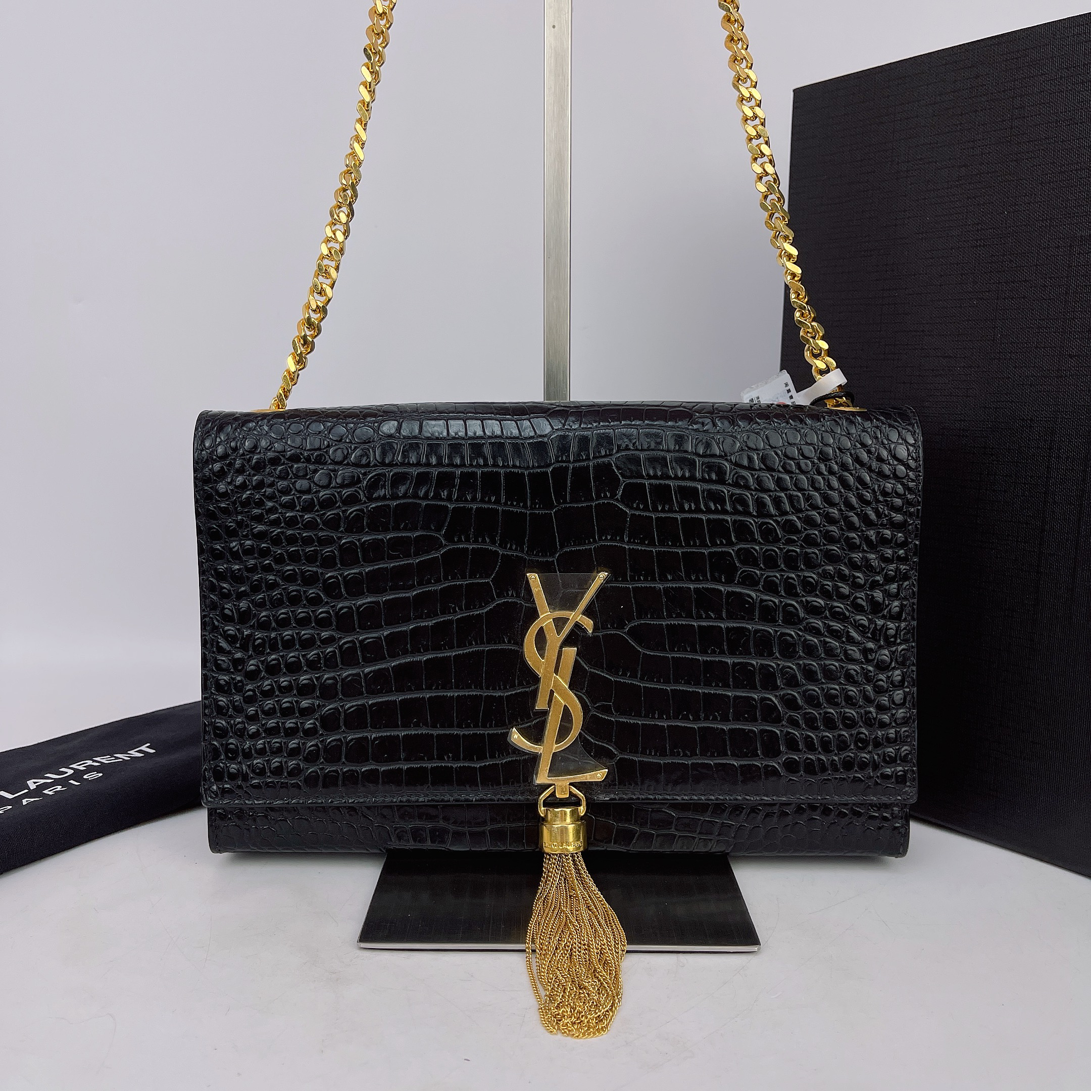 95新 YSL/圣罗兰 圣罗兰 黑色流苏斜挎包底长24 D880