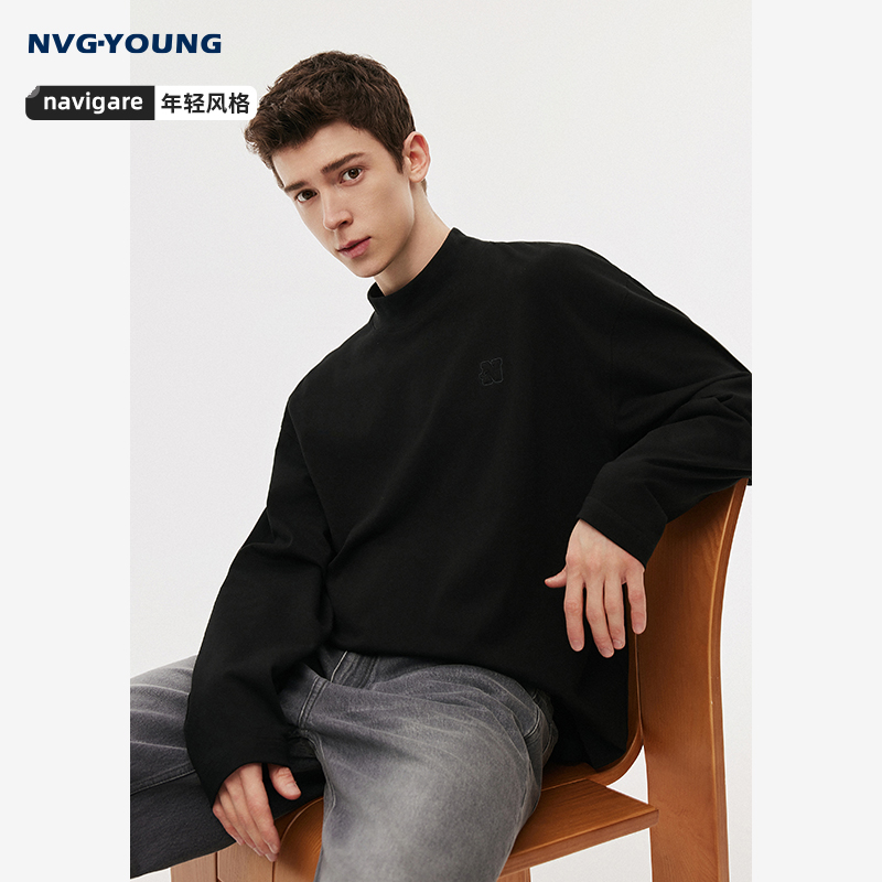 [纯棉]NVGYOUNG意大利小帆船黑色休闲卫衣男秋季新款打底套头衫