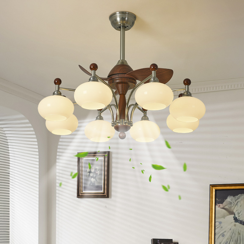 法式客厅灯离线语音风扇灯复古吊扇灯胡桃木中古风柿子餐厅卧室