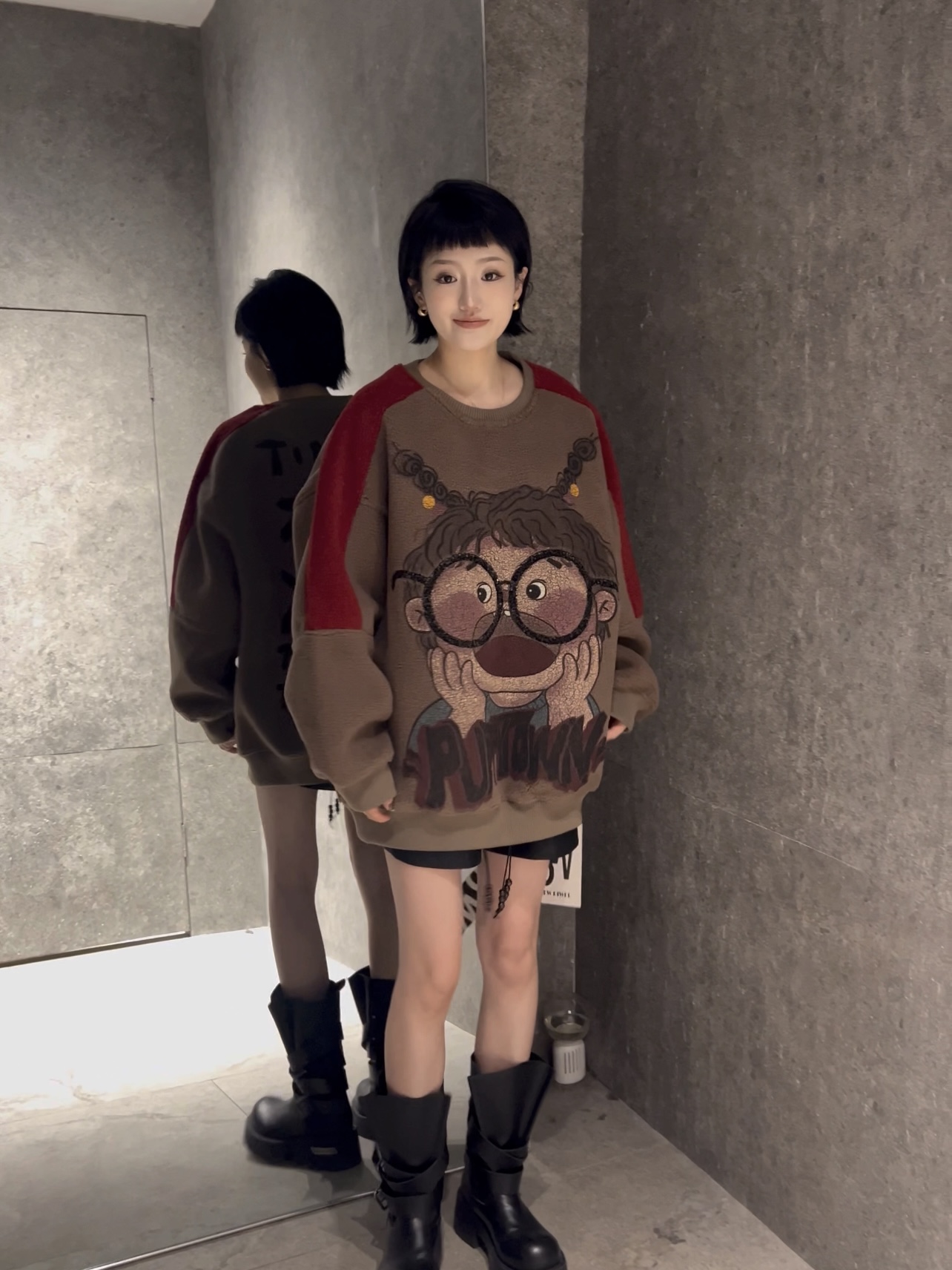 【亮片眼镜辫子女孩】慵懒风卫衣宽松韩版加厚秋冬洋气印花潮流