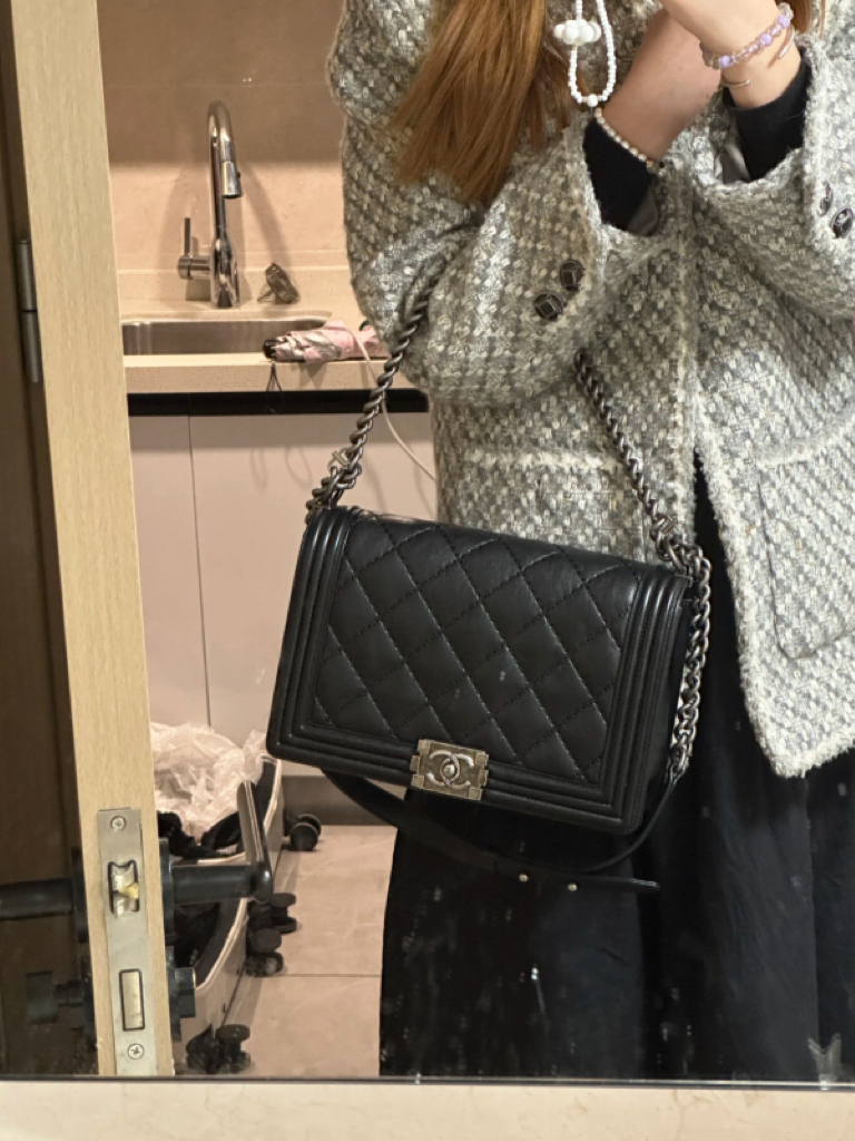 95新 Chanel/香奈儿 黑银中大号Leboy链条单肩包 底长29 18开