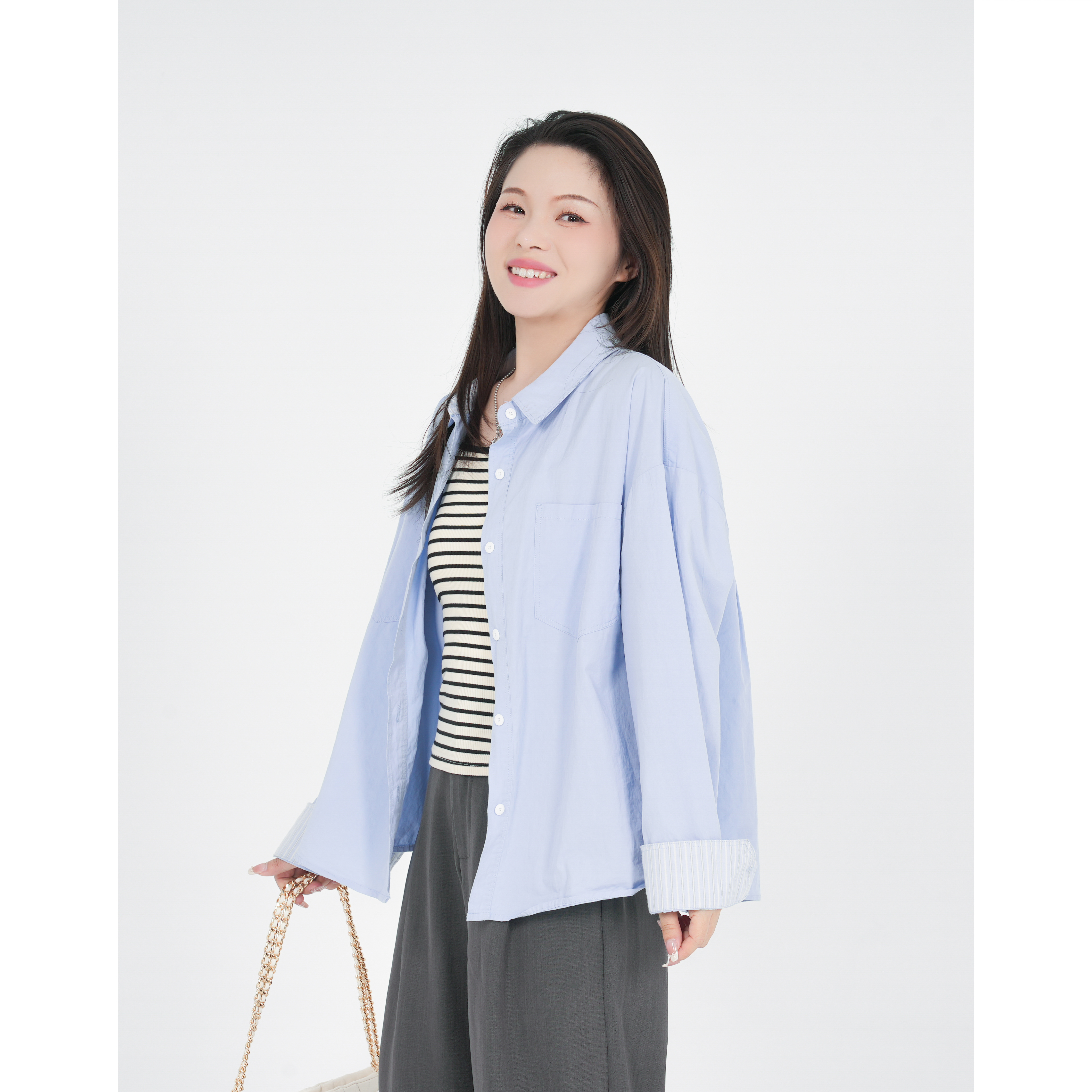 小个子圆圆55121春季新款学院风全棉拼色条纹衬衫宽松百搭上衣女
