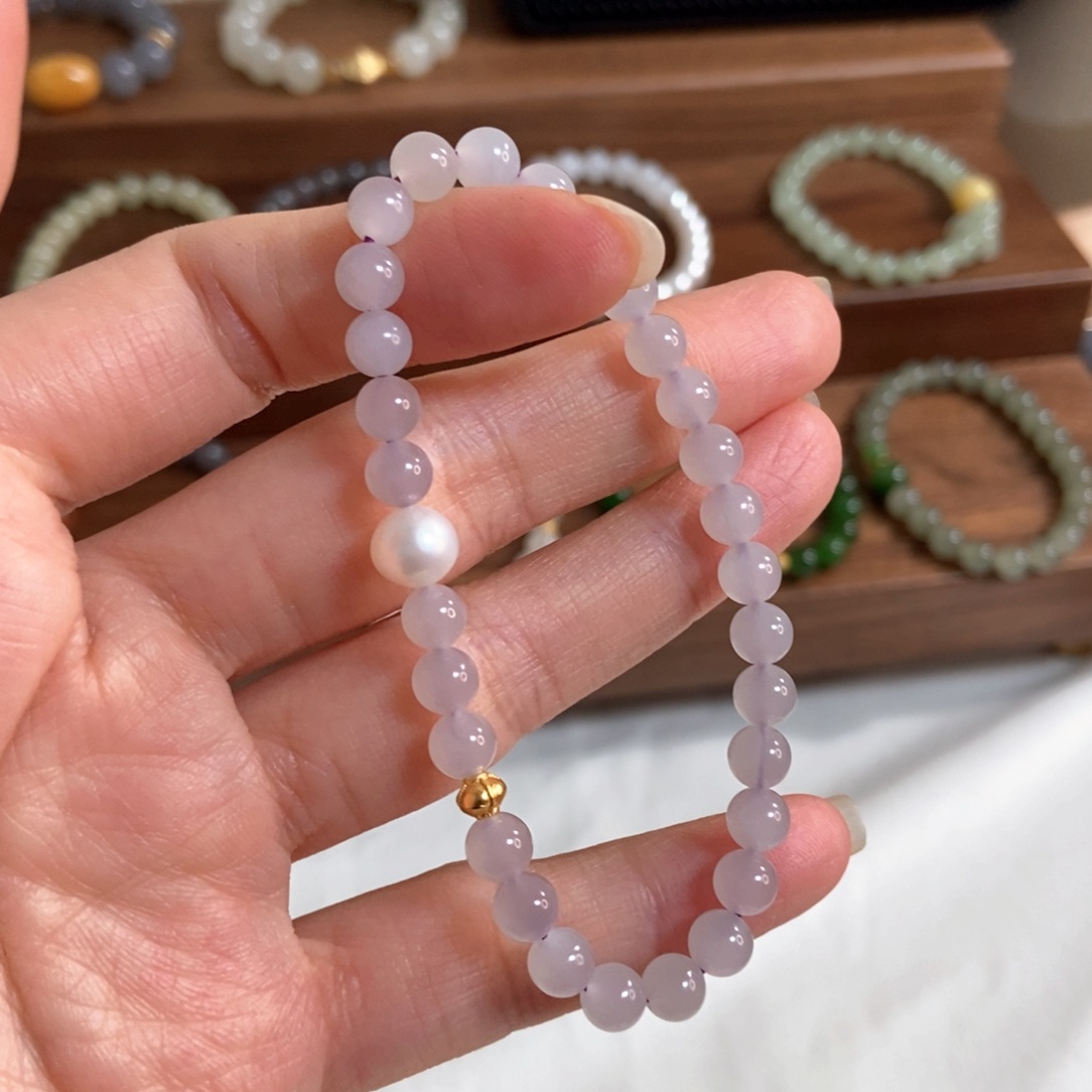 和田玉手链银S925镀金镶嵌福利6mm浅冰紫