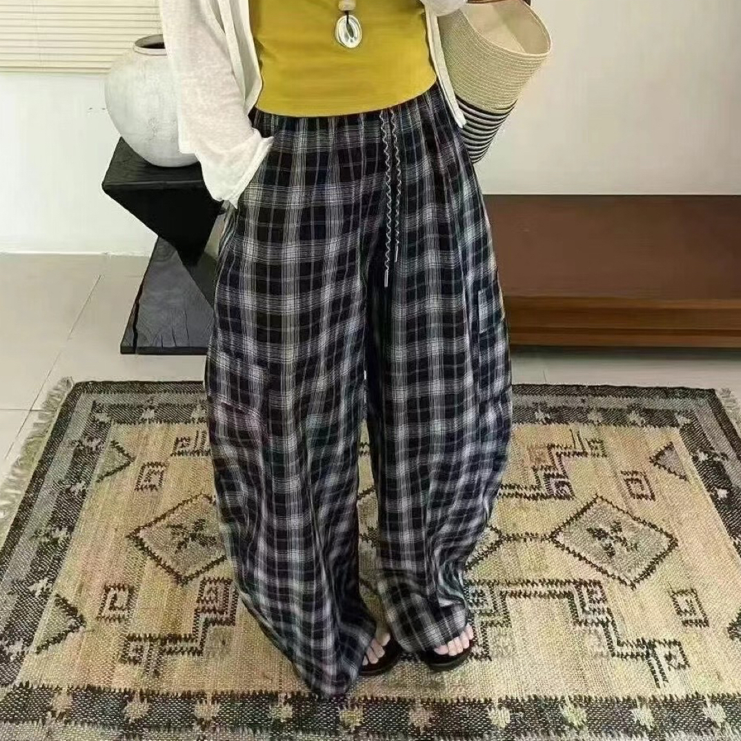 早秋薄款格子高腰显瘦弯刀阔腿女休闲长裤阔腿裤