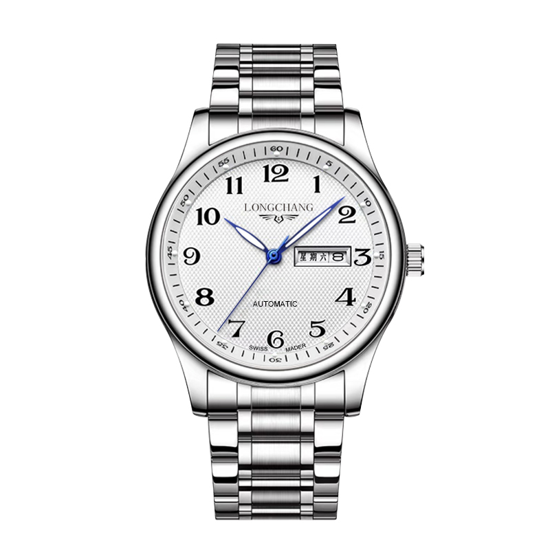 LONGCHANG正品实心钢带白盘男士手表双日历防水时尚百搭潮流腕表