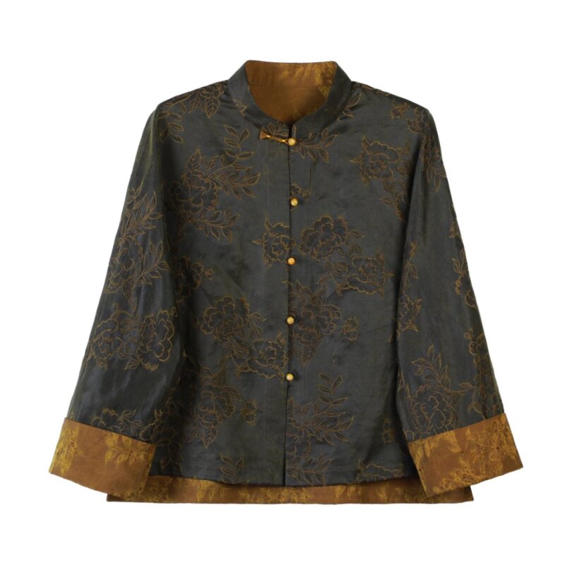 潘新中式风老料姜末染黄金丝织花绢缎上衣外套195245