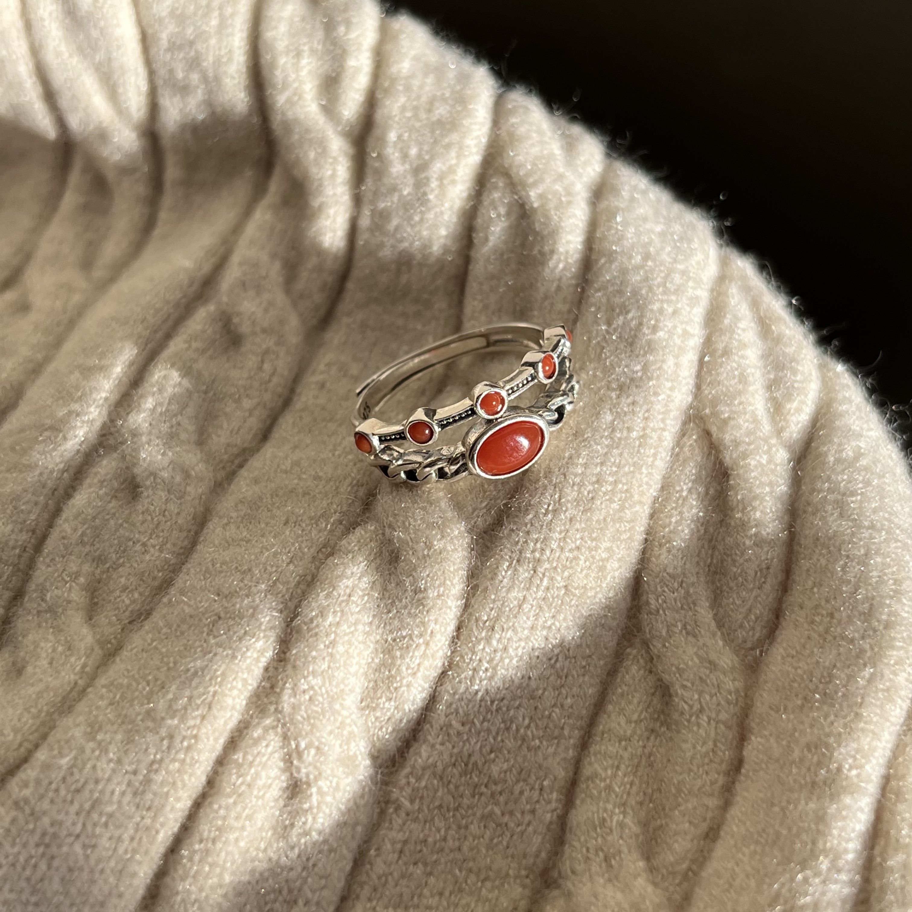 925银戒指 925银红色气质复古小众双层戒指