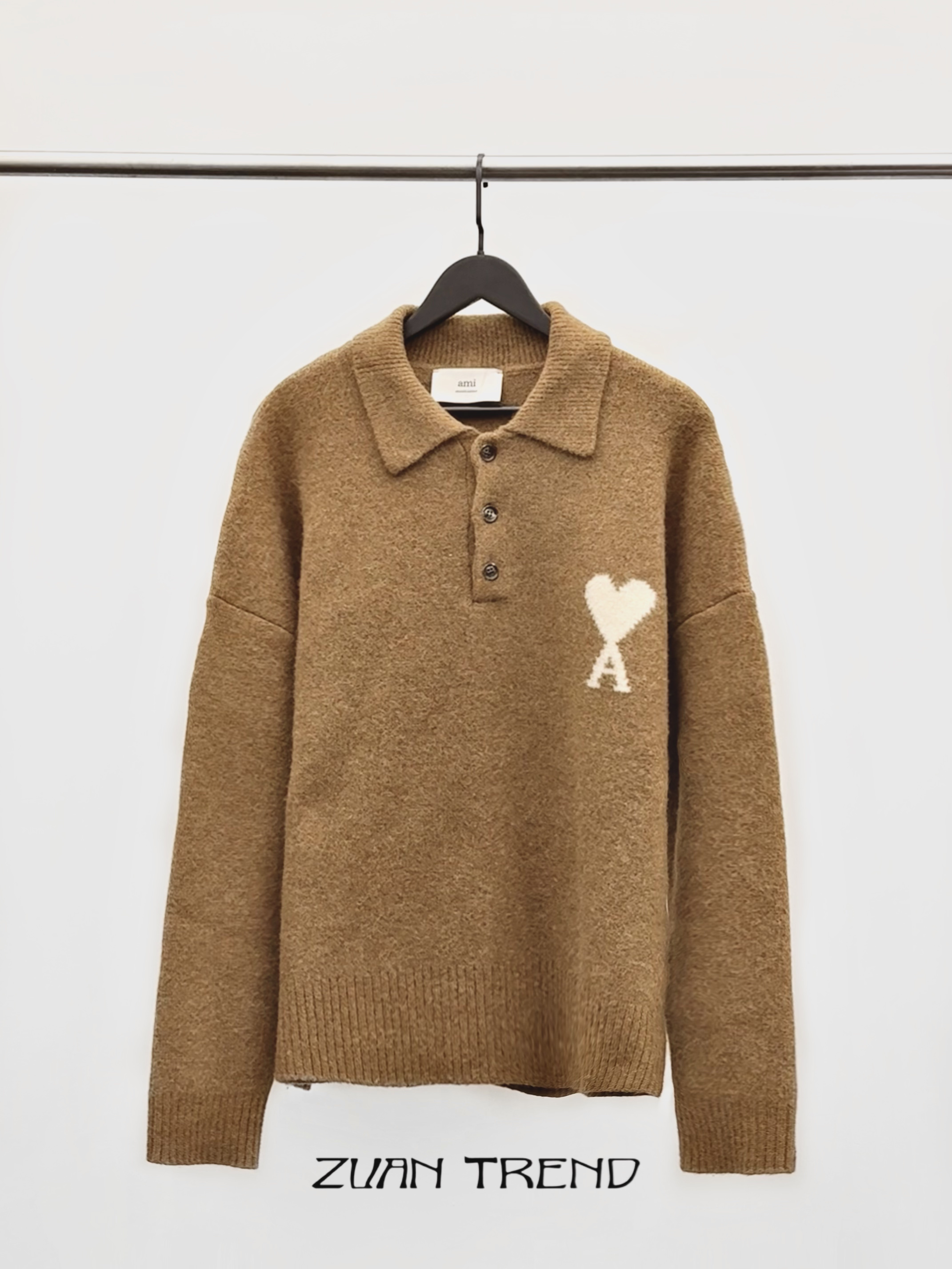 未使用 AMIPARIS  25FW 棕色胸口白色爱心针织毛衣POLO衫