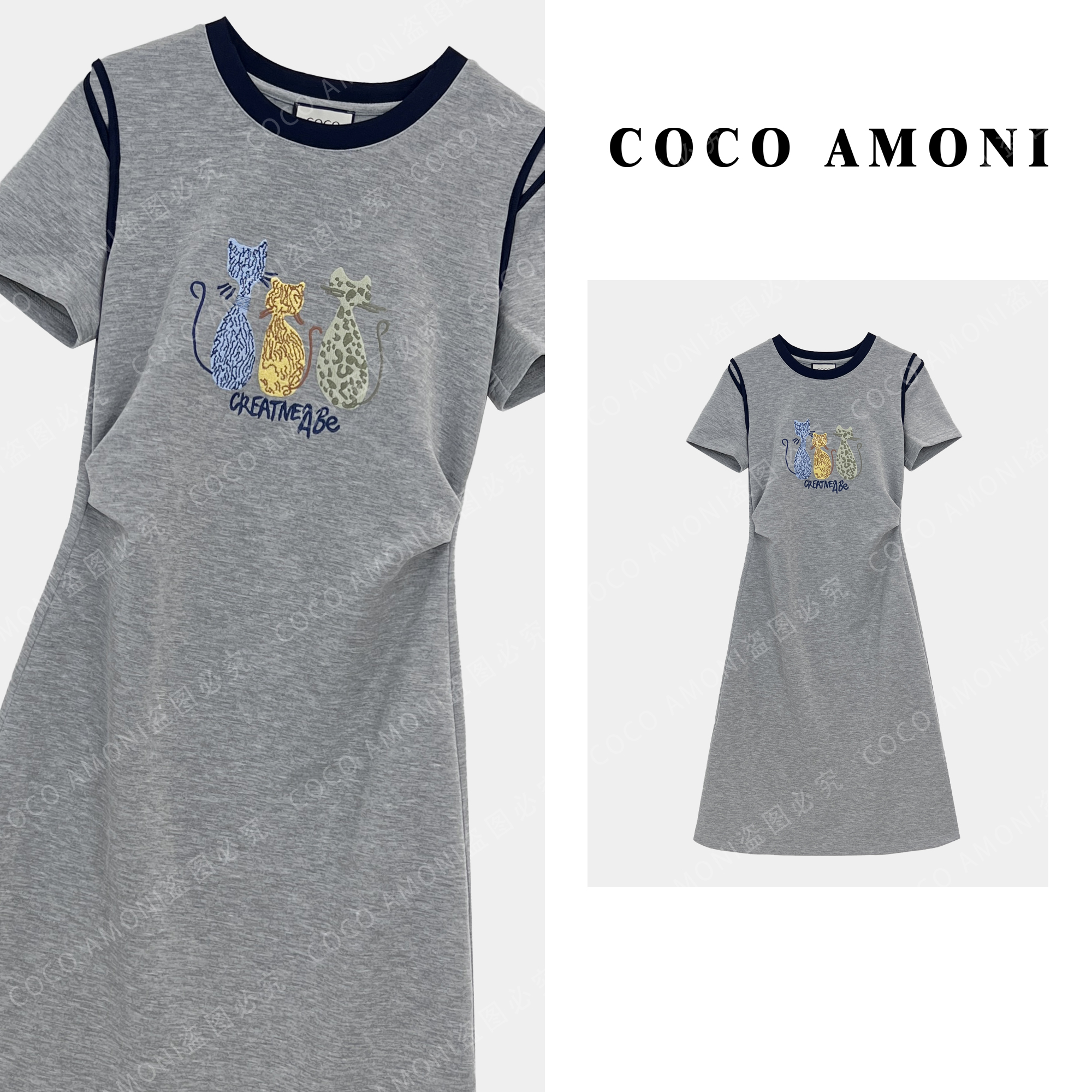 2025夏日轻奢爆款拼接重工立体刺绣小猫气质显瘦连衣裙AC273