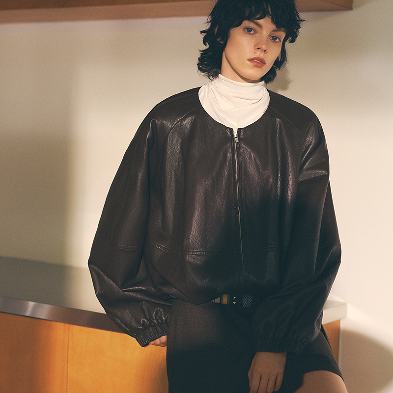 MSLAN2025年秋季新款复古美拉德酷飒风气球廓形蛋白皮外套MHCW170