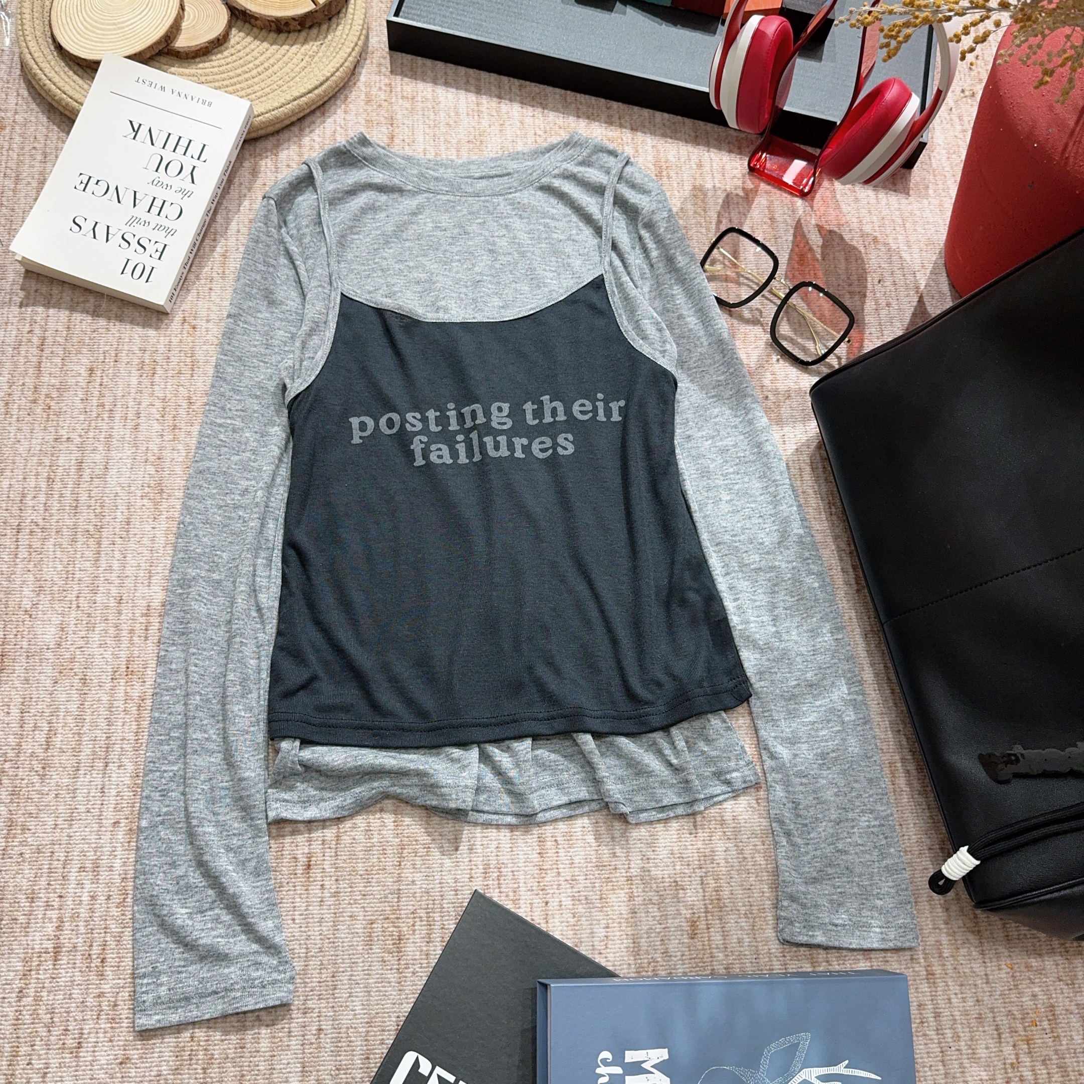 2025秋季新款休闲时尚字母印花纯色真两件打底长袖T恤4856