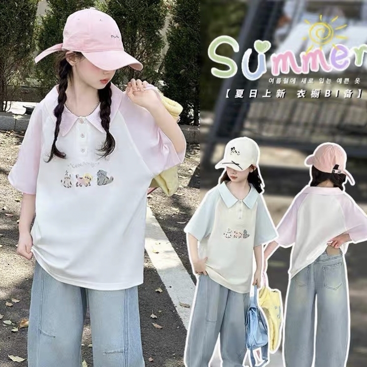 【断码清货】2025夏猫咪绣花拼色OLO领短袖T恤 D381 381 M