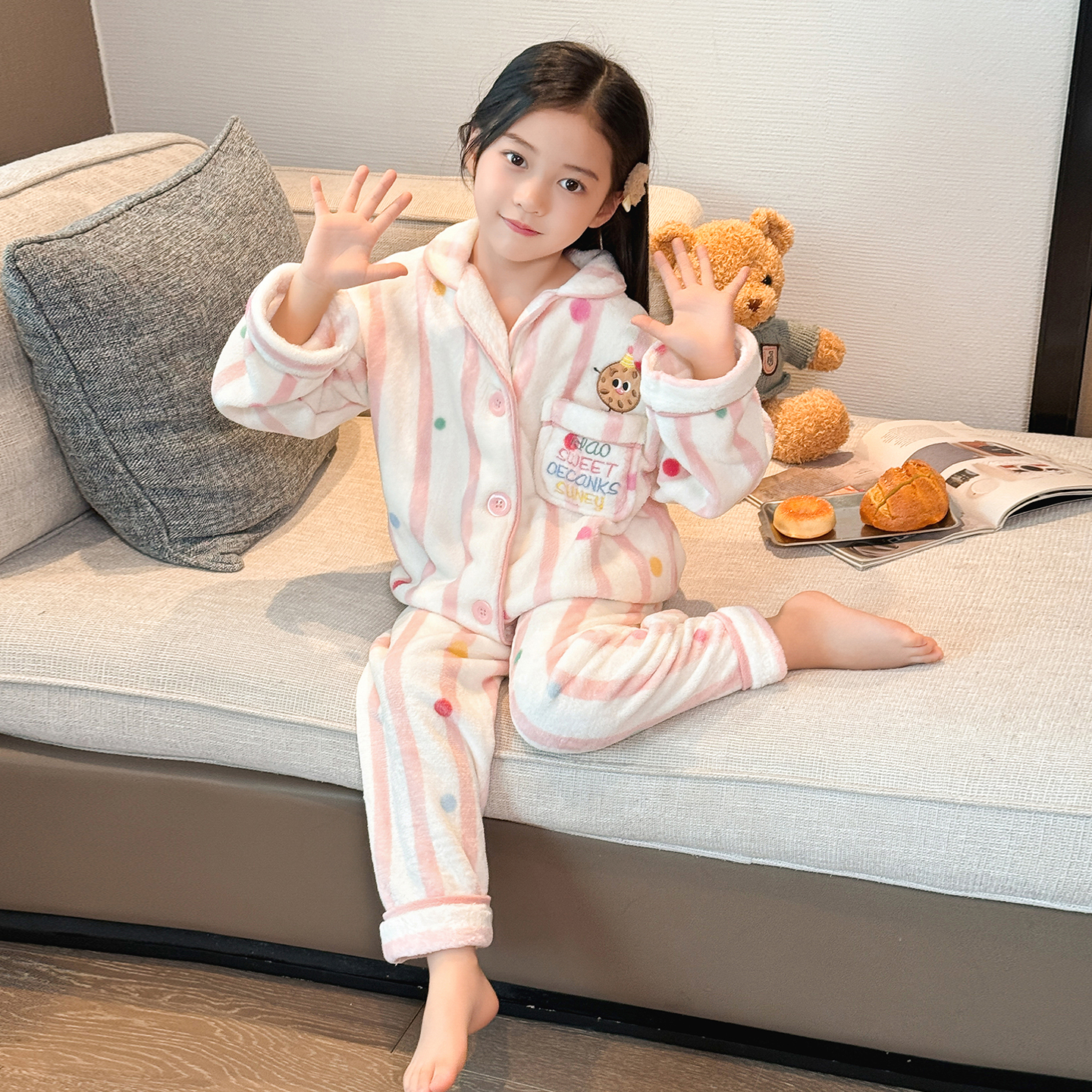 女童法兰绒睡衣冬季加厚开衫中大童保暖家居服套装2337