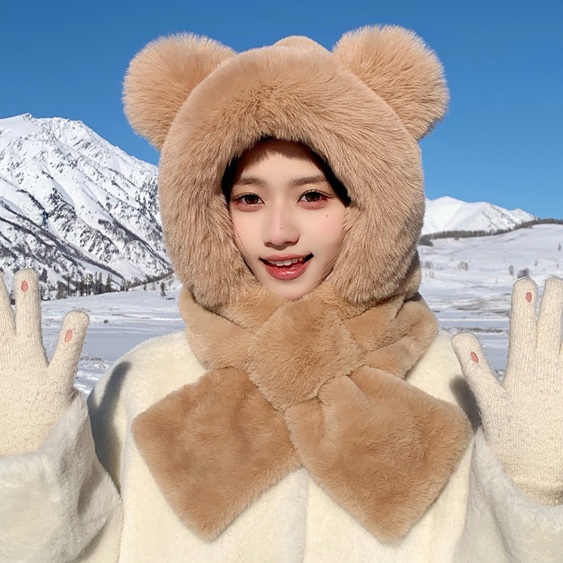 韩版时尚防寒加厚二件套男女士冬天帽子围巾一体熊耳朵网红亲子帽