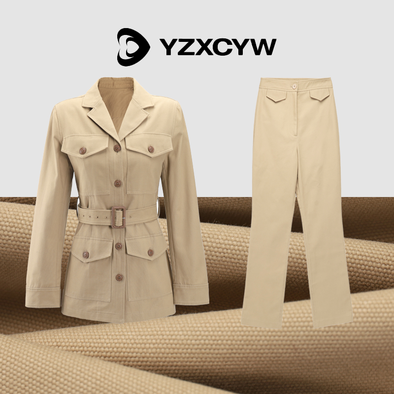 YZXCYW 复古风高腰显瘦通勤百搭卡其色套装两件套 上衣+裤子