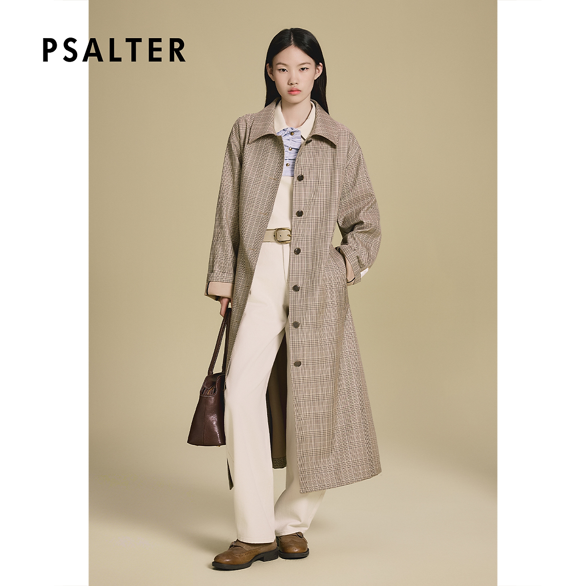 PSALTER诗篇学院风长款单排扣格纹风衣外套2025秋季新款