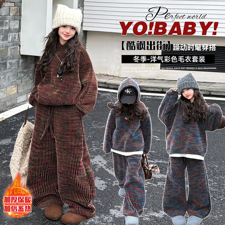 女童冬款韩版休闲加绒加厚连帽卫衣套装中大童洋气儿童新年服冬装