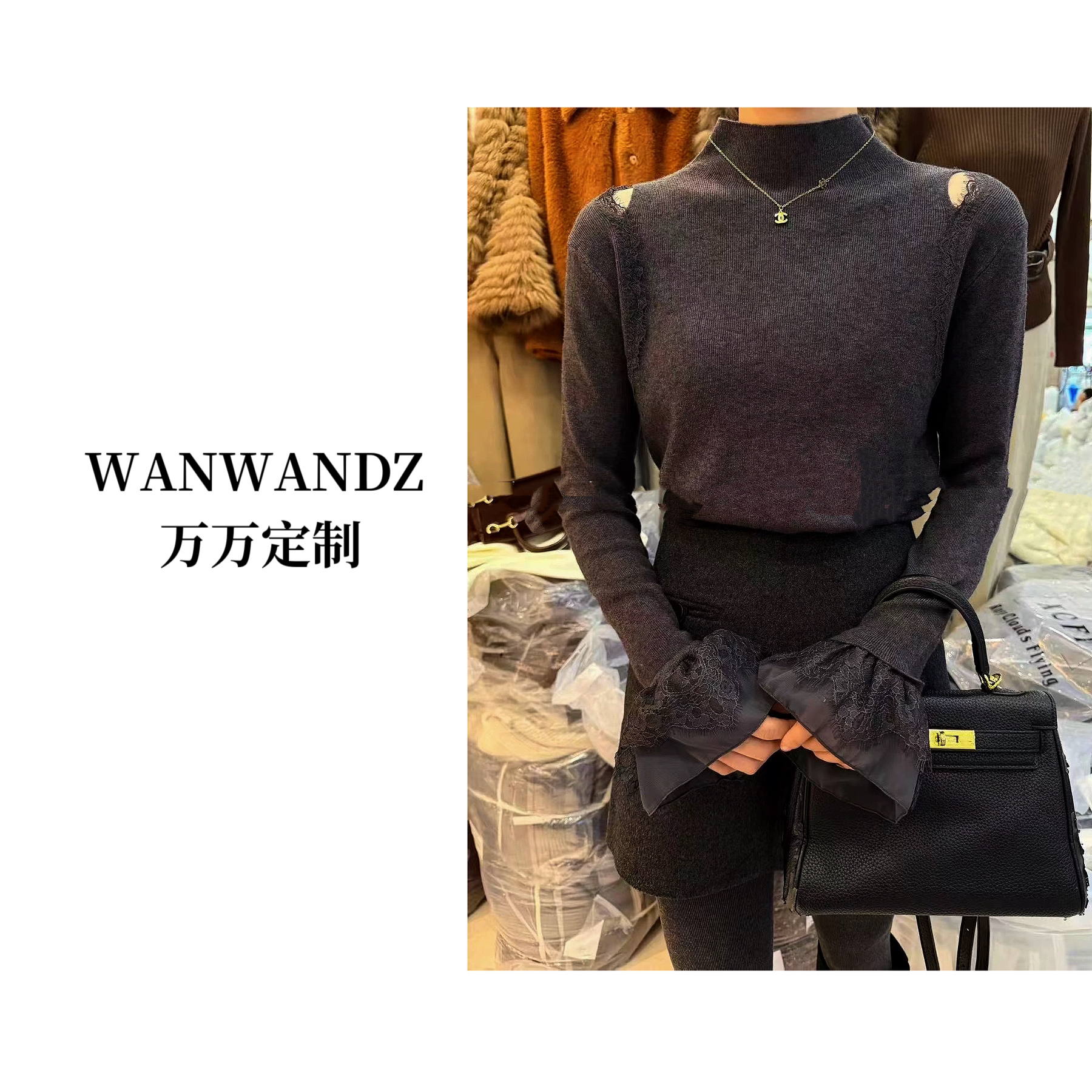 【Wanwan】高品质露肩镂空双层蕾丝重工打底衫针织#1026