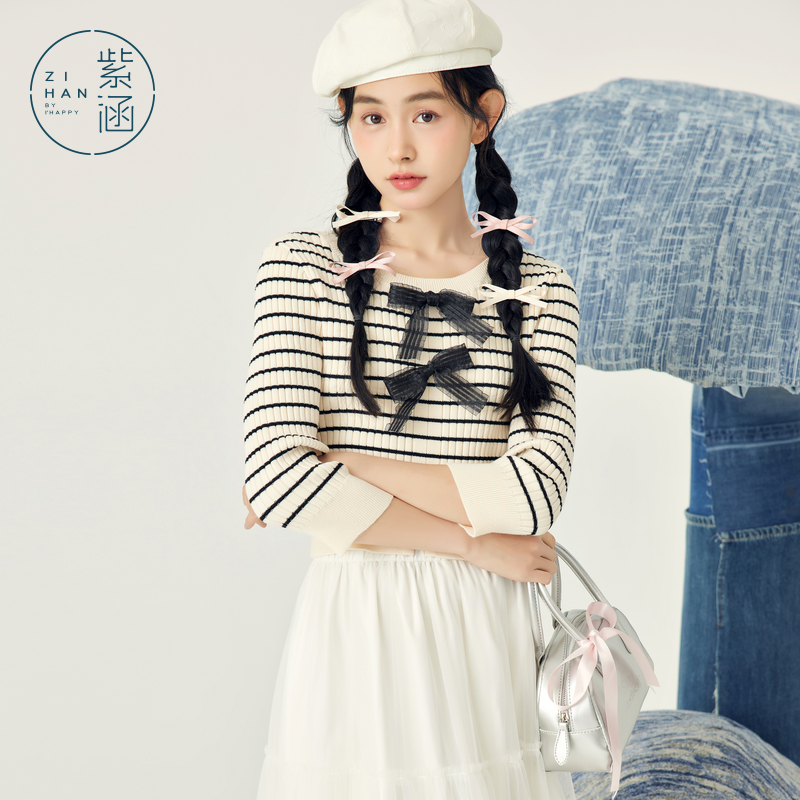 紫涵撞色条纹七分袖针织衫春秋季正反两穿修身套头毛衣Z4Z02BS499