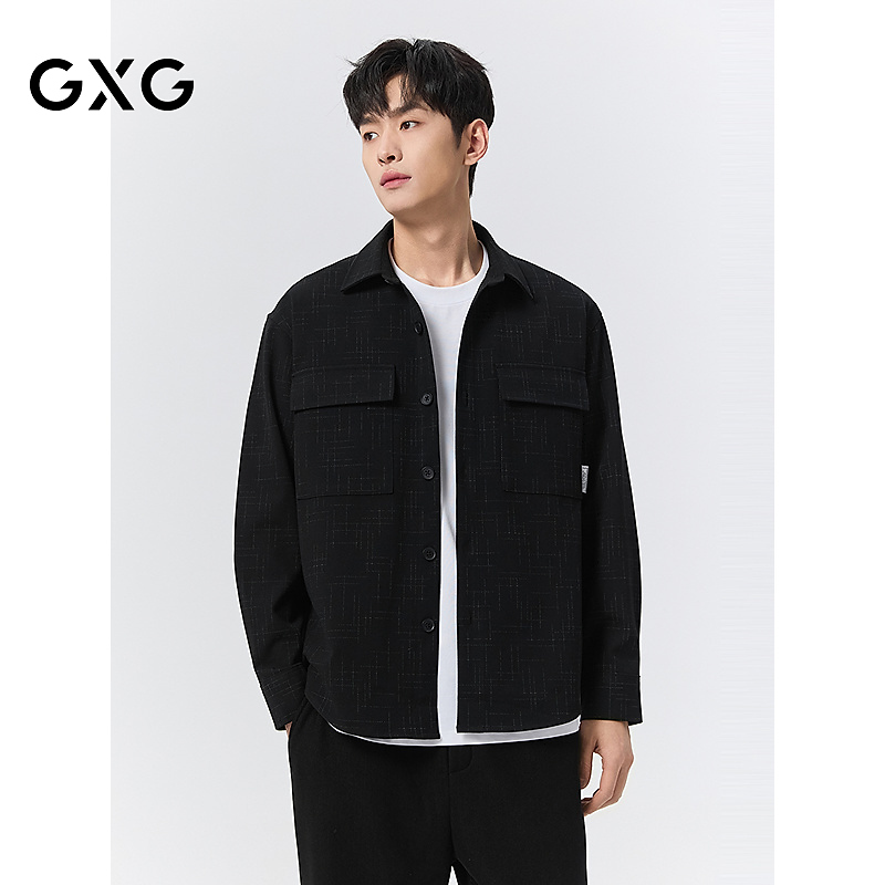 GXG男装黑色格纹胸前口袋翻领长袖衬衫男士百搭#G24D033010