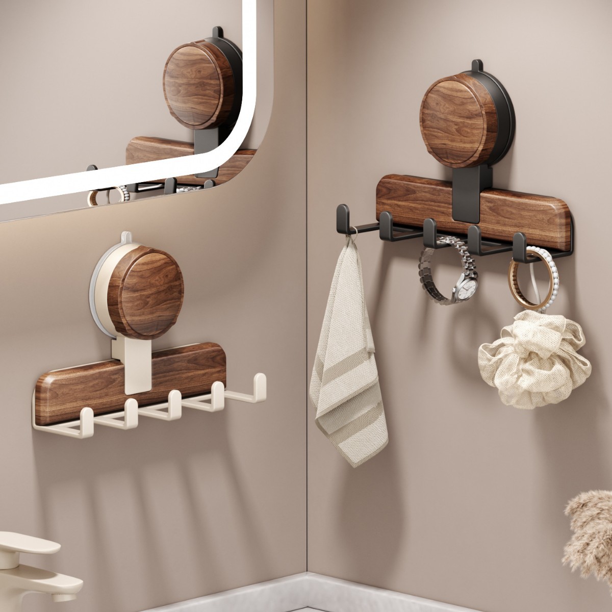 胡桃木吸盘挂钩多功能壁挂免打孔卫生间浴室洗漱台厨房收纳家用