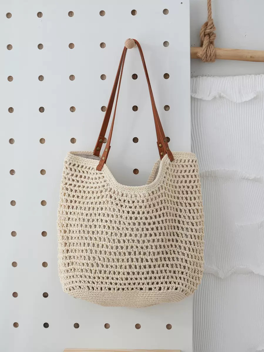 托特包双根按扣编织磁扣单肩包镂空草编包艺术流浪风