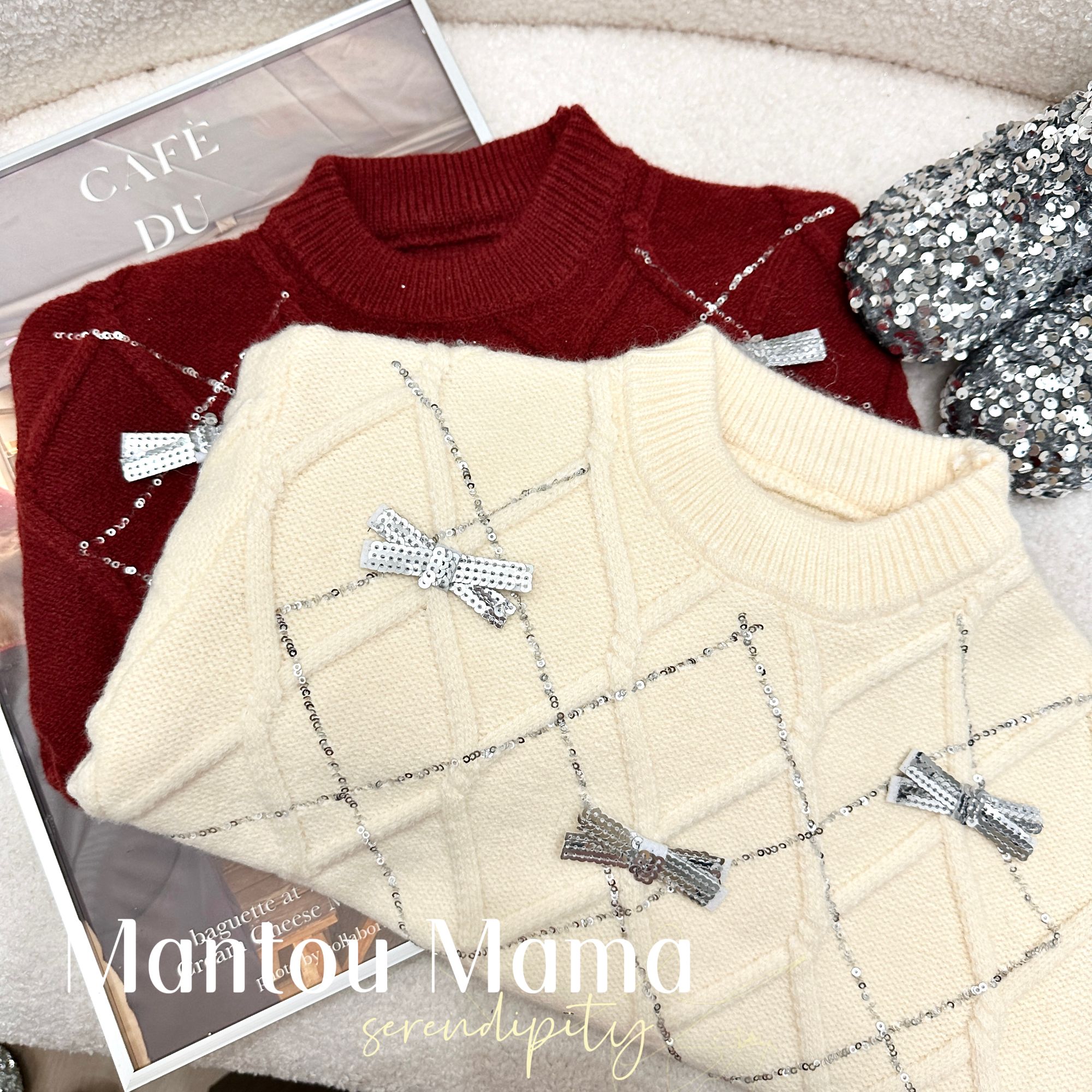 【Mt studio】K【现货】亮片圆领蝴蝶结毛衣女童冬季可爱百搭韩版