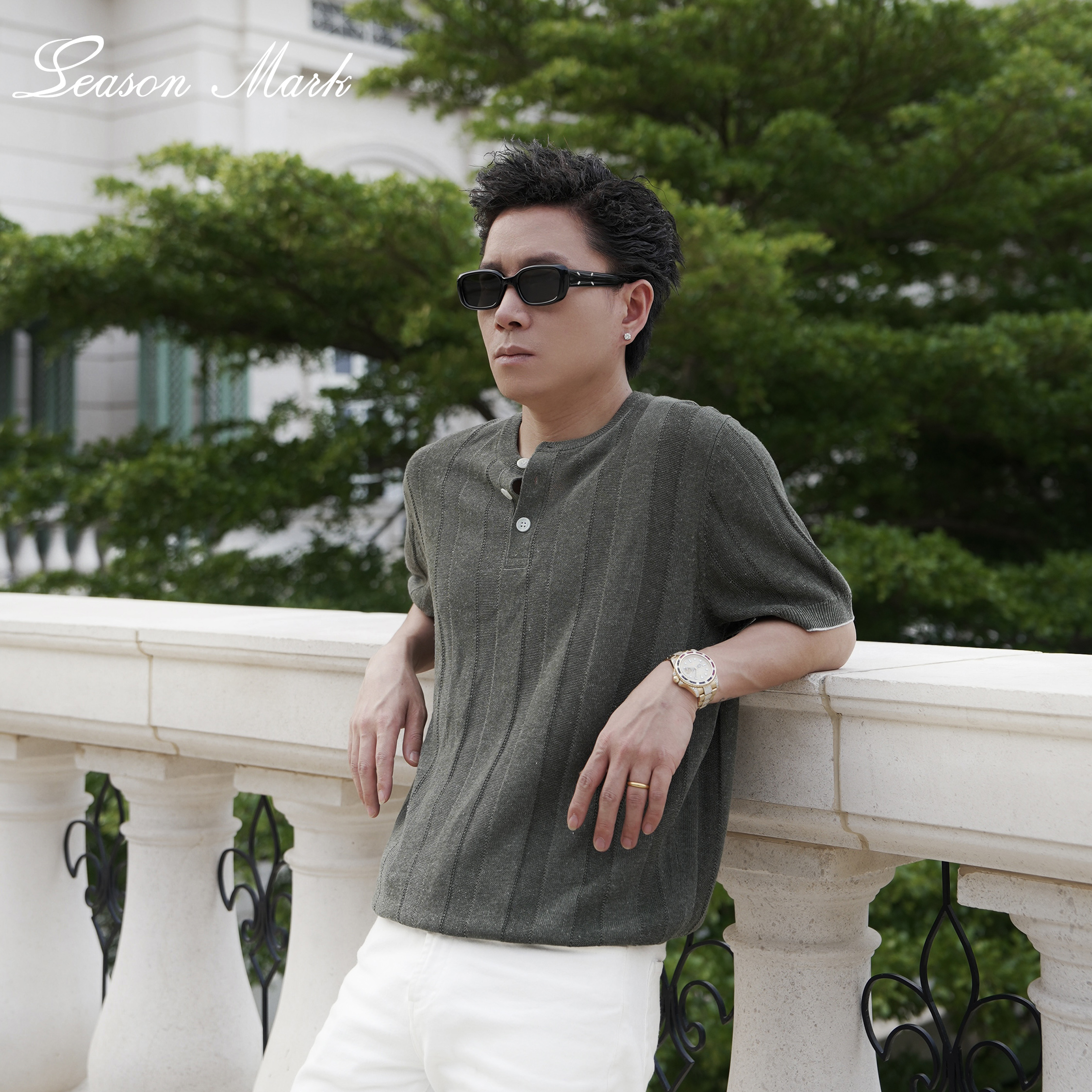 SEASONMARK夏季新款亚麻混纺针织亨利领透气舒适百搭男女同款短袖