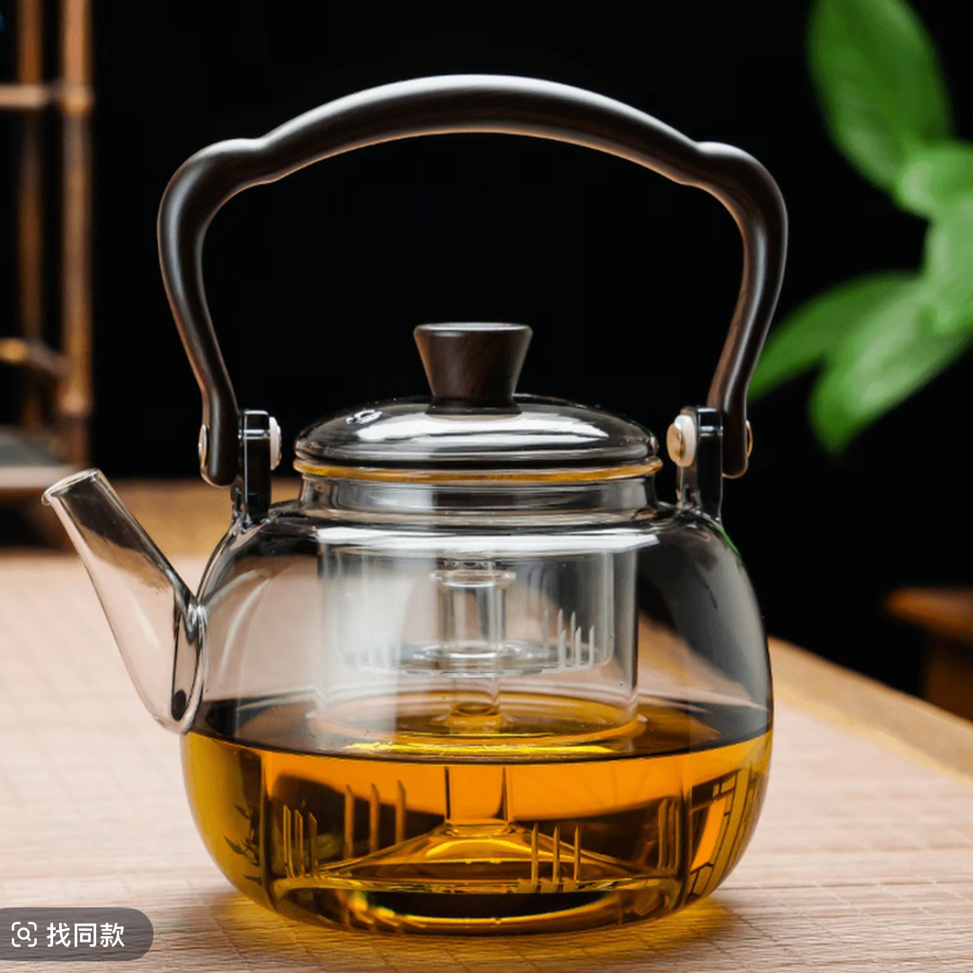 海棠玻璃提梁壶泡茶壶明火加热电陶炉烧水壶耐热玻璃蒸煮提梁壶