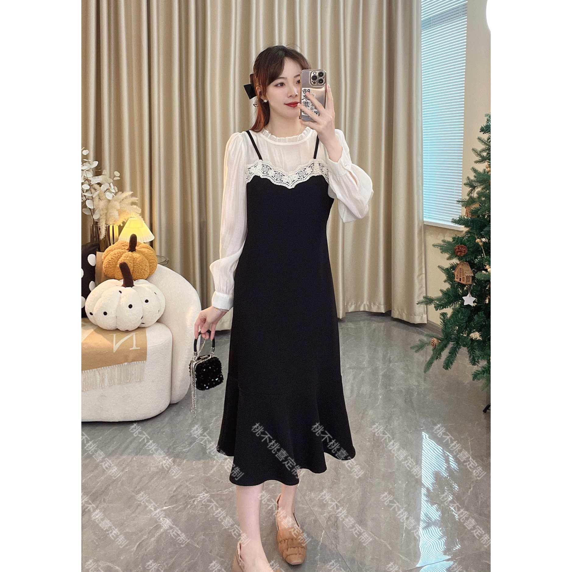 【超模因子X】韩系知性优雅鱼尾裙蕾丝木耳边拼接气质假两件连衣裙