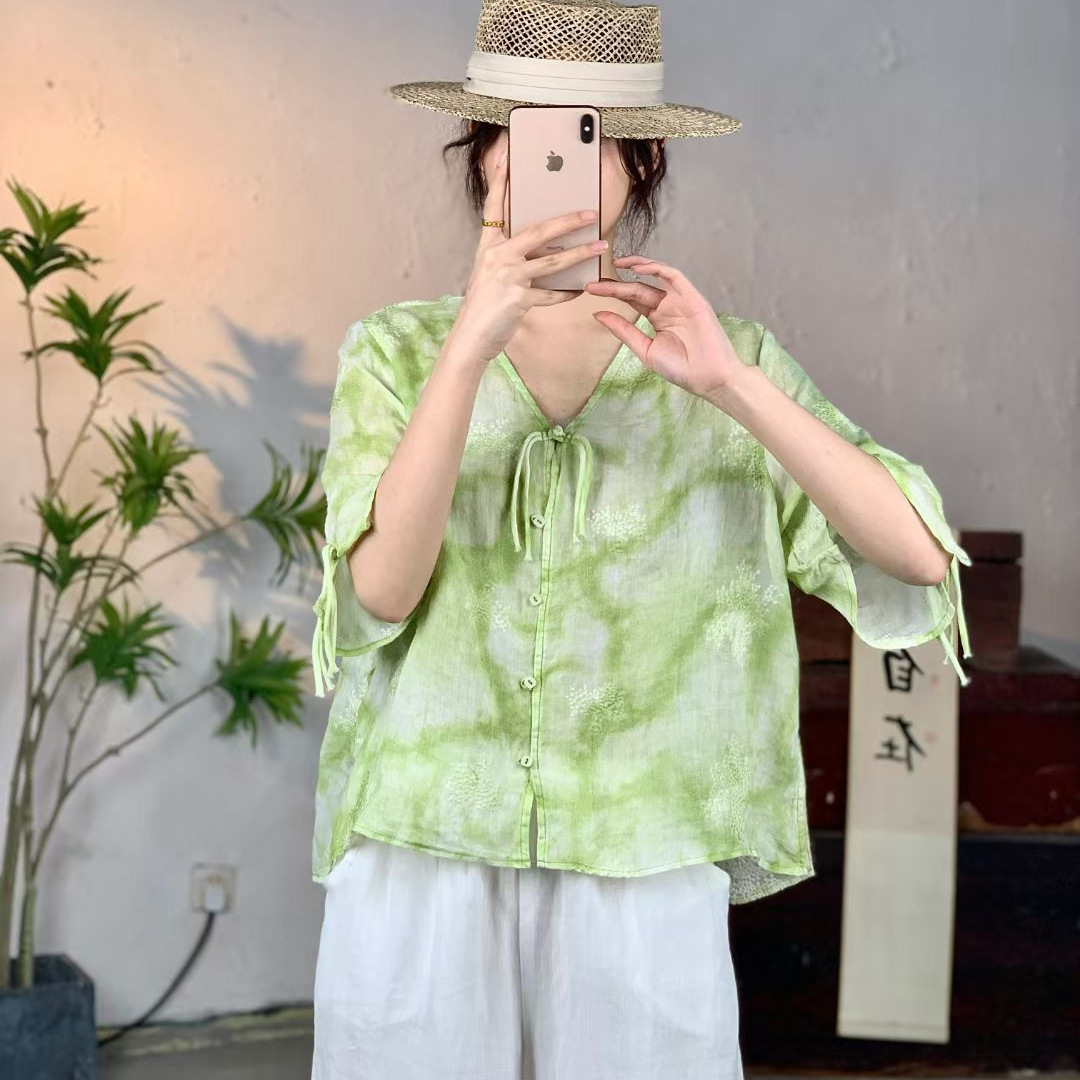 2025夏季新款短款苎麻印花衬衫开衫休闲上衣文艺复古