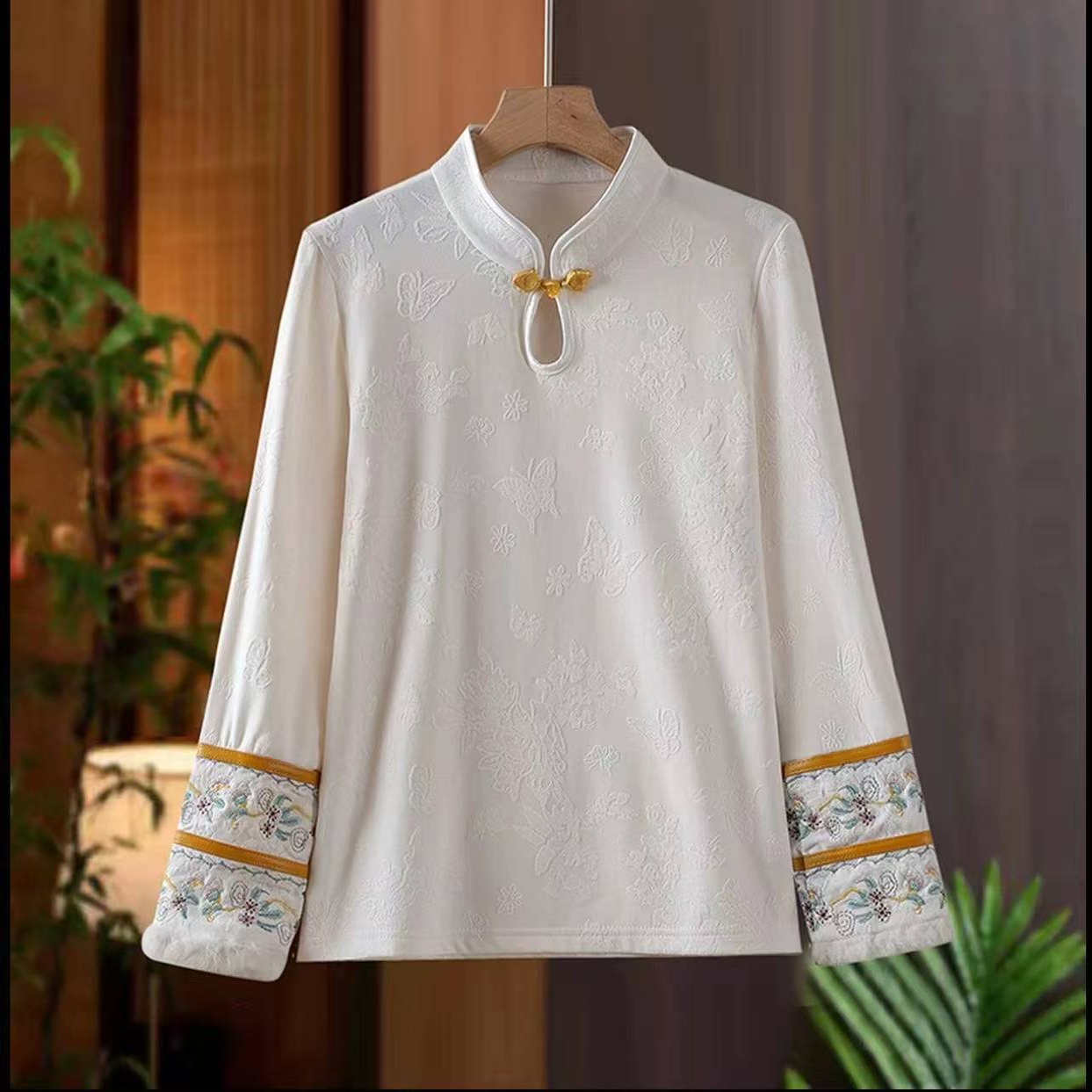 非遗苏绣新中式风重工刺绣上衣立领盘扣长袖高弹内搭白色打底衫02