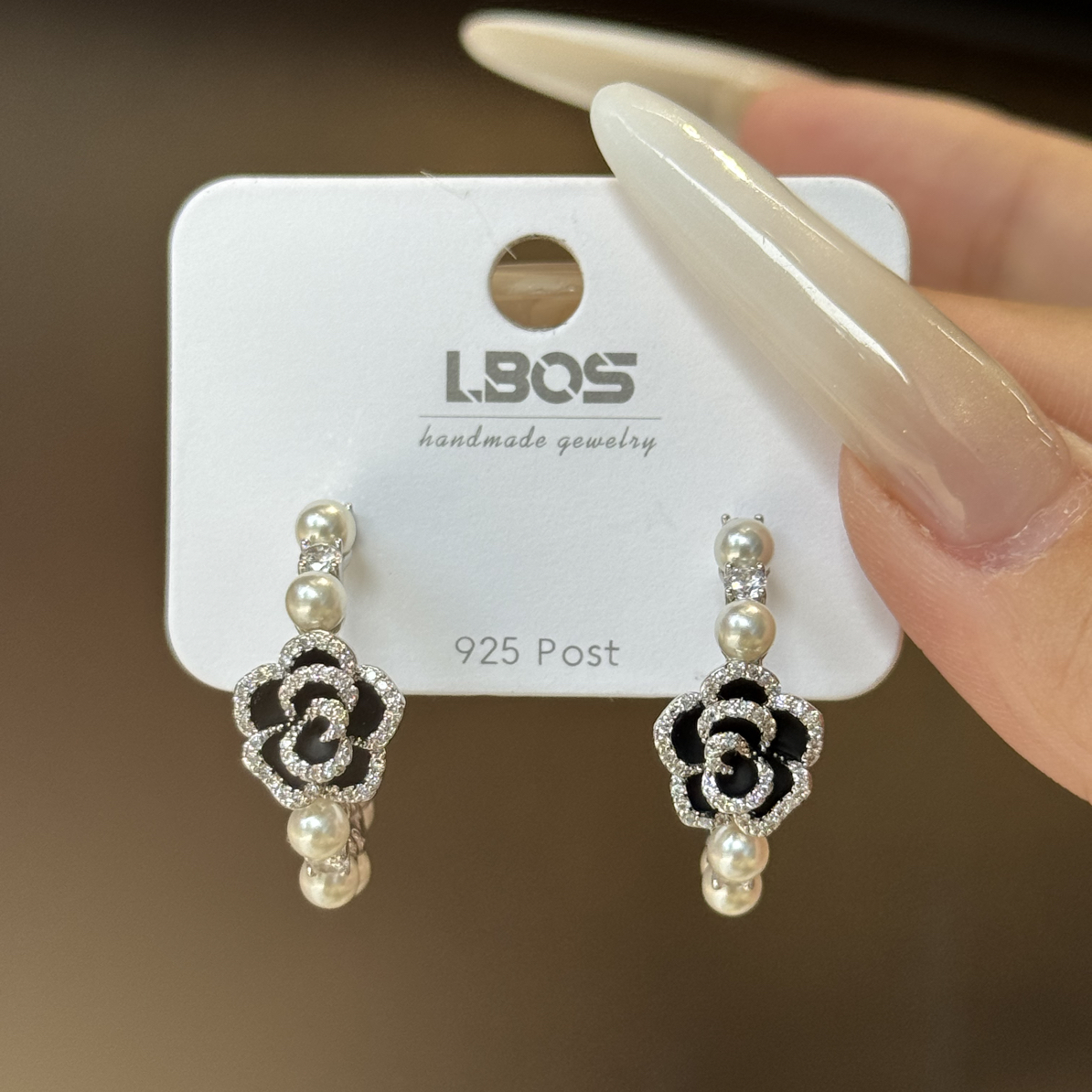 铜合金锆石耳饰 法式轻奢山茶花珠珠银针耳圈耳钉气质优雅百搭女