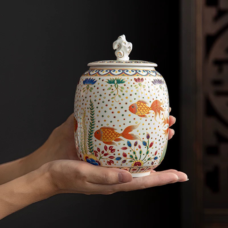 年年有余陶瓷茶叶罐空罐大号密封罐家用红茶普洱储存罐防潮存茶罐