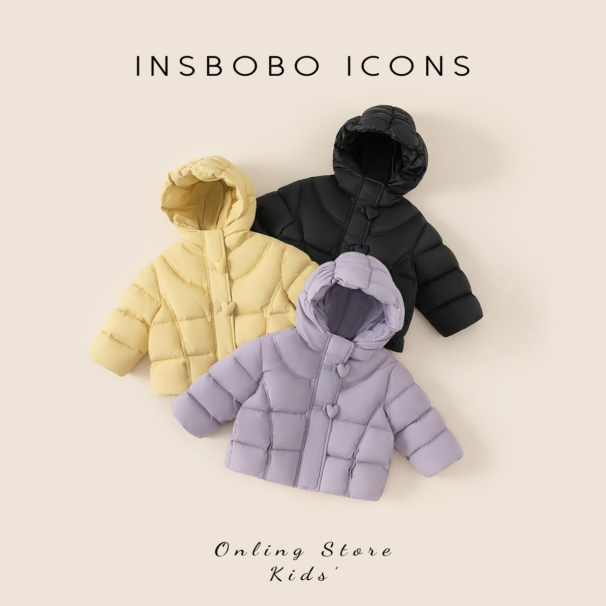 INSbobo儿童羽绒服冬季新品纯色温暖爱心扣子连帽羽绒服潮DY25001