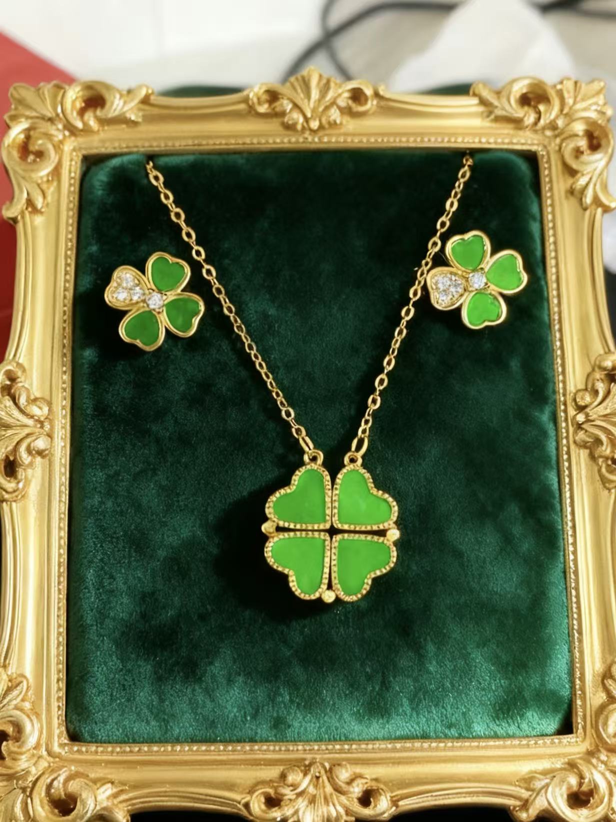 天然缅甸翡翠a货 s925银 四叶草套链