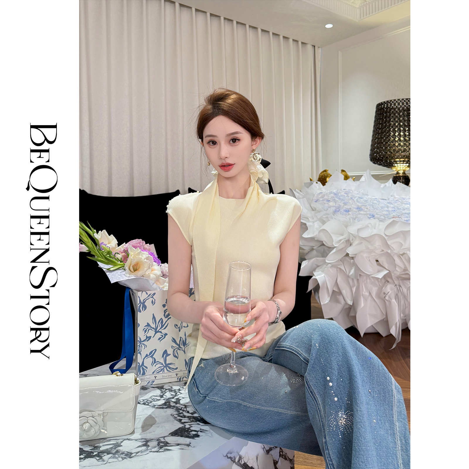 余潇潇【清雅美人】2025春装新款手工缝珠自带飘带立领小坎袖上衣