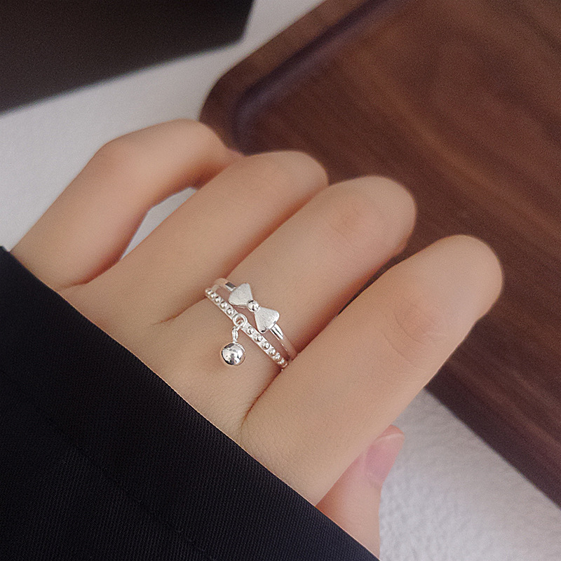 足银戒指 【拉丝双层蝴蝶结】足银纯银开口可调节个性小众简约