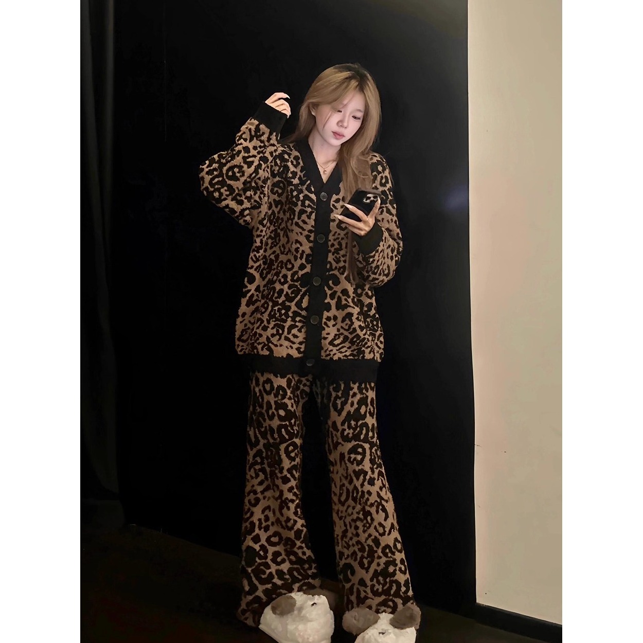 韩系高级感豹纹半边绒睡衣女冬季2025新款针织长袖长裤套装家居服