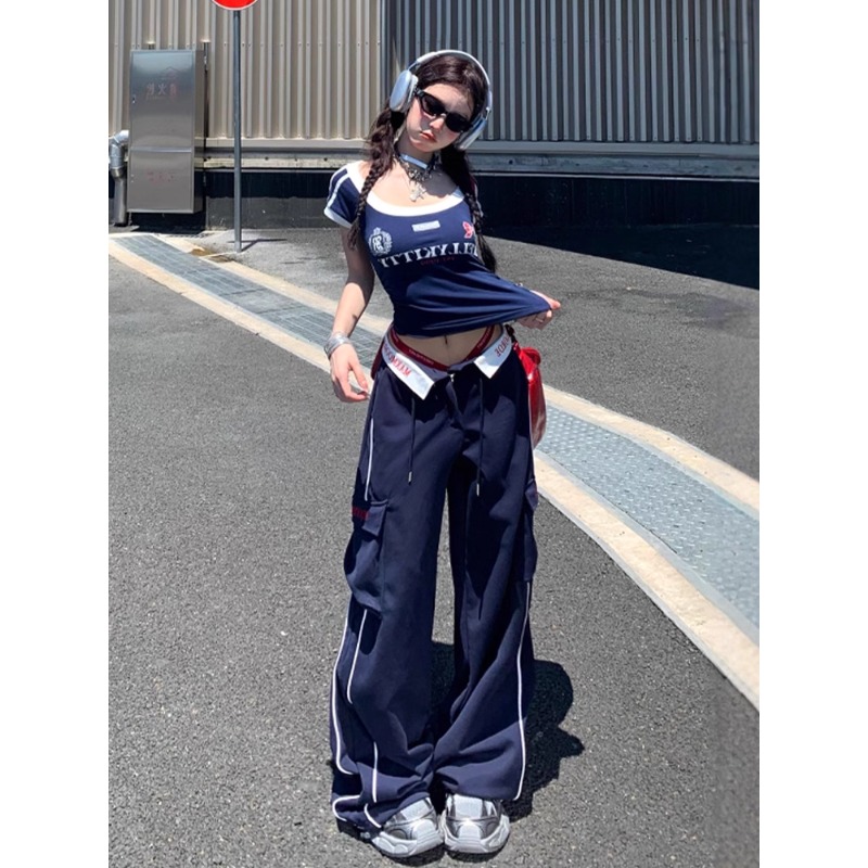2025超火美式运动套装女夏季辣妹修身显瘦短袖T恤休闲长裤两件套