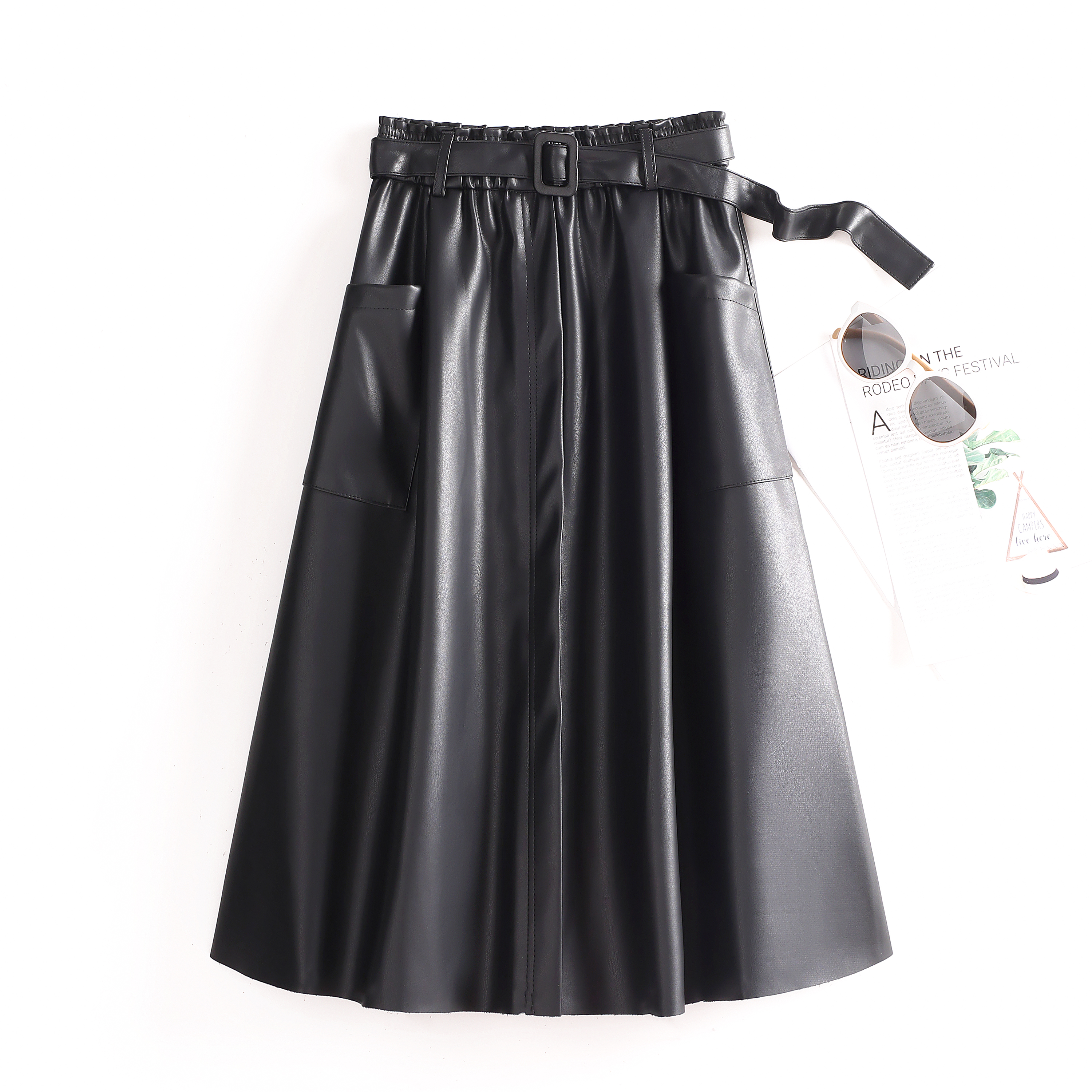 海宁真皮裙女中长款半身裙显瘦时尚百搭伞裙高腰大摆裙松紧腰