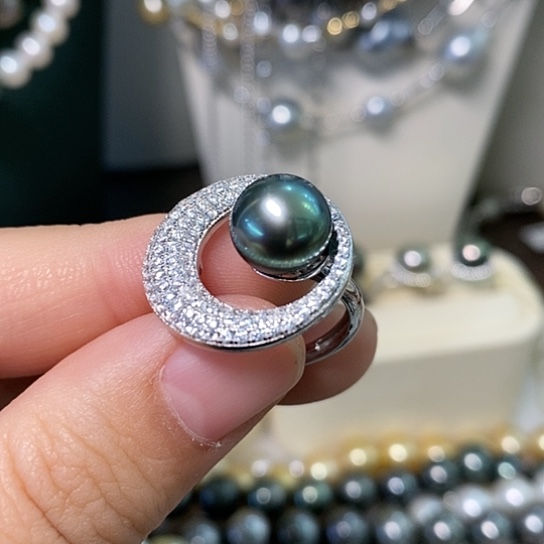 海水珍珠戒圈银S925镶嵌9-10