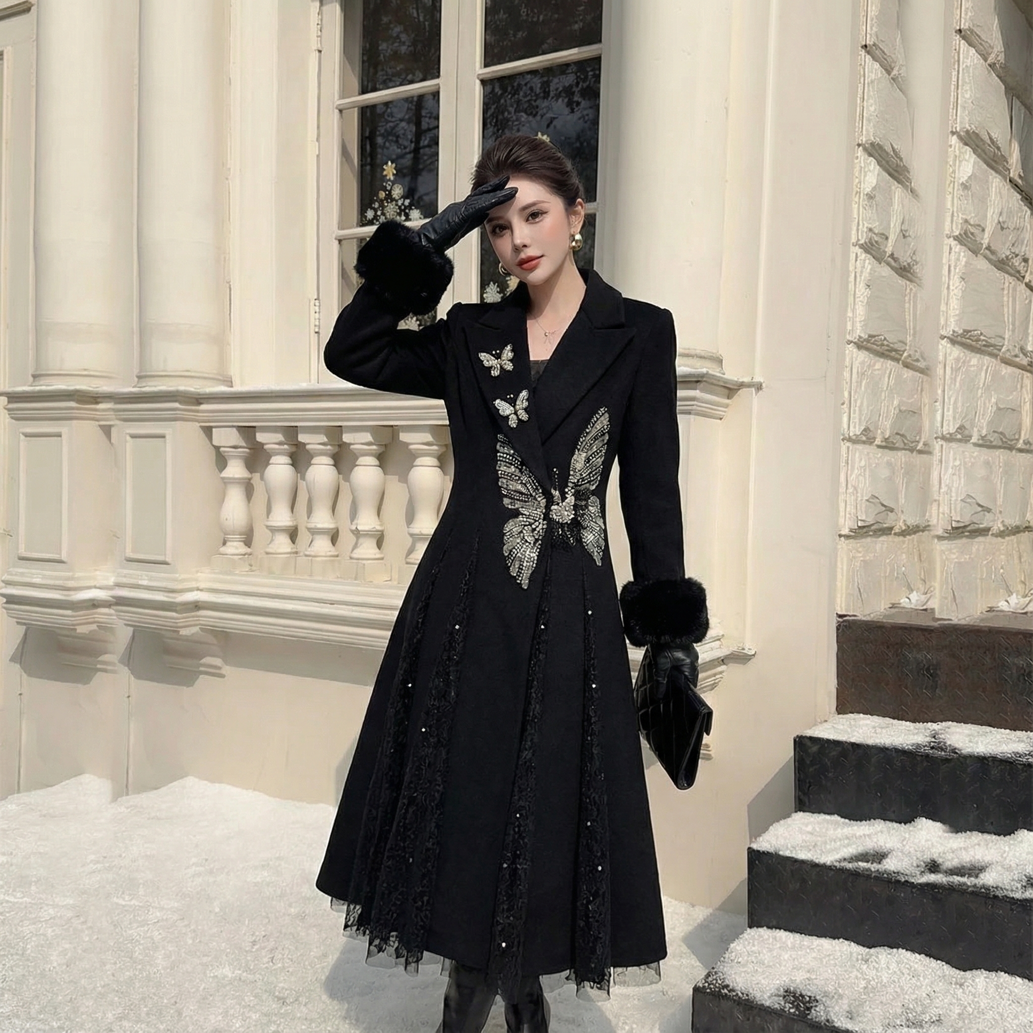 【芙娜妮】秋冬2025中长款小个子西装领蝴蝶长袖外套女装FG2531184A